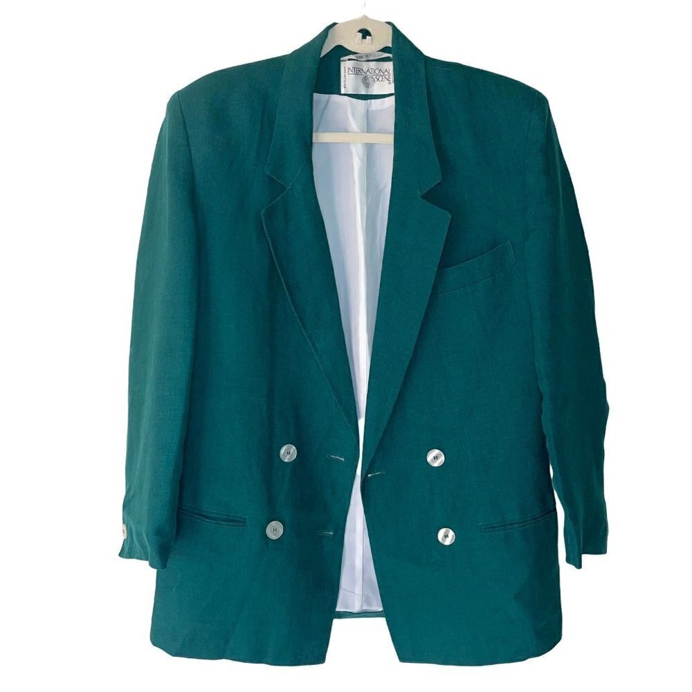 International Scene Linen Blazer Womens Size 6 Double Breasted Vintage Green